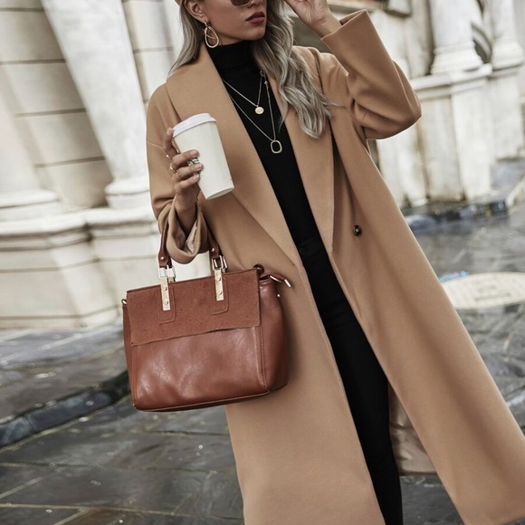 camel tan button long fall trench pea coat fall - Picture 2 of 7